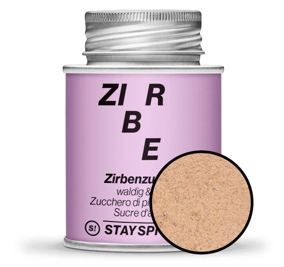Zirbenzucker waldig & süss - Pinke Gewürzdose mit kleiner runder Gewürz-Vorschau von STAY SPICED! bei Chefkoch-Gewürze