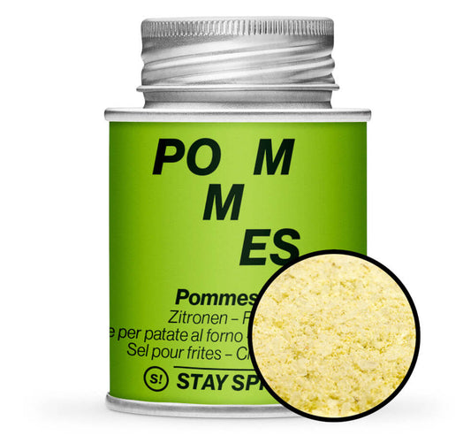 Pommes Salz Zitronen-Rosmarin - Hellgrüne Gewürzdose mit kleiner runder Gewürz-Vorschau von STAY SPICED ! bei Chefkoch-Gewürze
