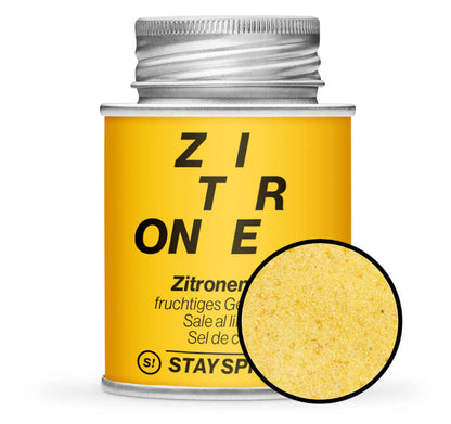 Zitronensalz - Gelbe Gewürzdose mit kleiner runder Gewürz-Vorschau von STAY SPICED! bei Chefkoch-Gewürze