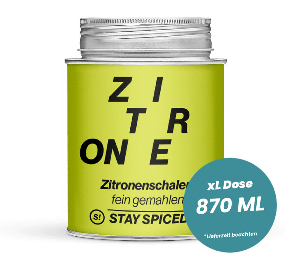 Zitronenschalen fein gemahlen in der grossen XL-Dose (870ml) von STAY SPICED!